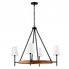  450841WK-709 - 4-Light Chandelier in Matte Black and Mango Wood with Removable White Fabric Shades
